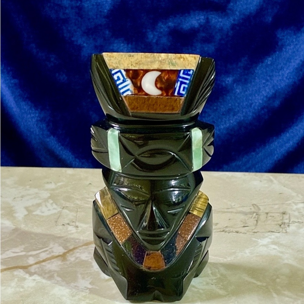 Handcrafted Black Obsidian Aztec Warrior Accent Statue with Inlay